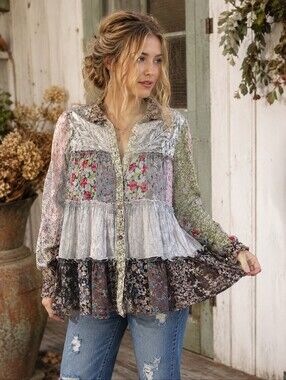 Young Threads Patchwork Boho Tunic Blouse Top Size Medium Cottagecore Festival